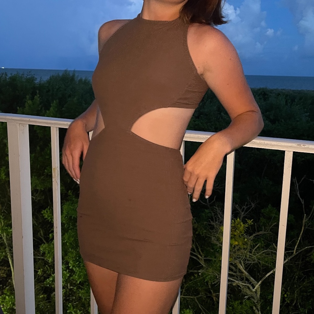 Beginning boutique Brown charli side cutout mini dress